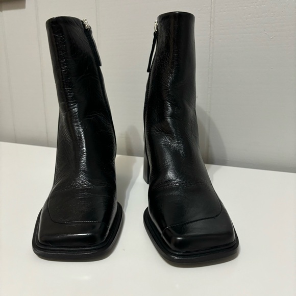 Women’s Black Leather ASOS Square Toe Side Zipper Chunky Block Heel Ankle Boots - Picture 2 of 10